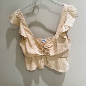Luvalot Floral Ruffle Top Tie Front Smocked Crop Top‎ Beige Size 6